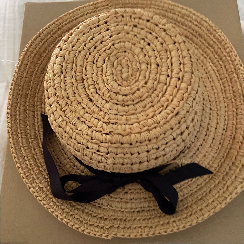 KAMINSKI Hat Raffia With Box NWOT Black Bow Preppy Nautical - Picture 1 of 8